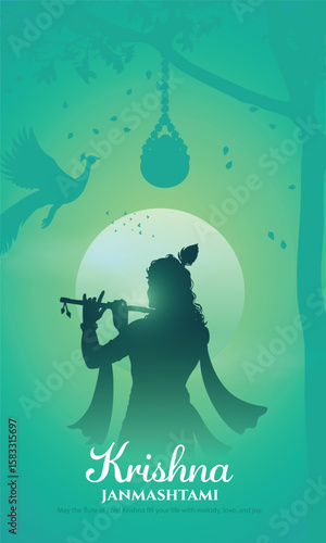 Indian dahi handi festival of Happy Janmashtami with lord Krishna silhouette. Creative Vector Illustration design