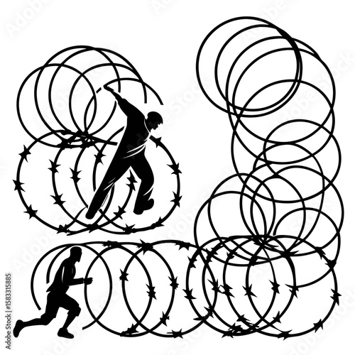 Figures entangled in barbed wire coils silhouette running