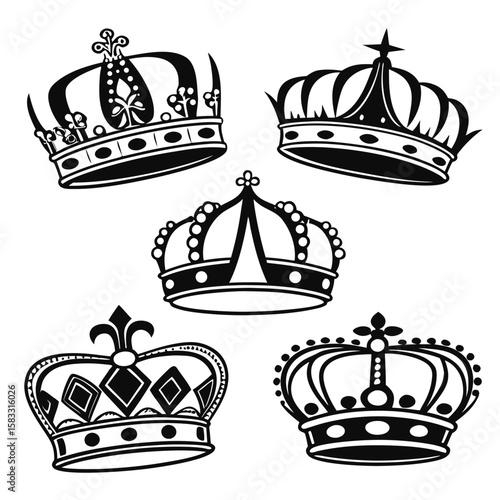 Five royal crowns ornate black silhouettes monarchy regal