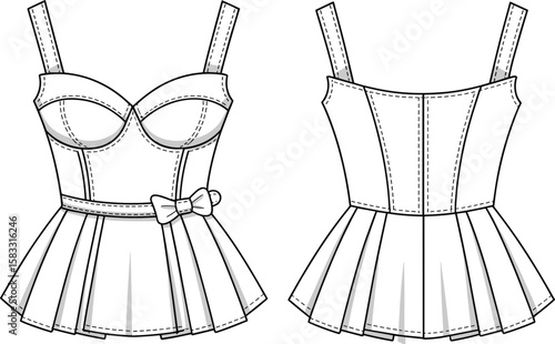 Flat sketch of pleated mini dress with straps, sweetheart neckline, bow belt, underwired cups, fashion technical vector