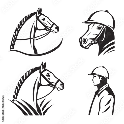 Equestrian horse and rider profile icons jockey sport