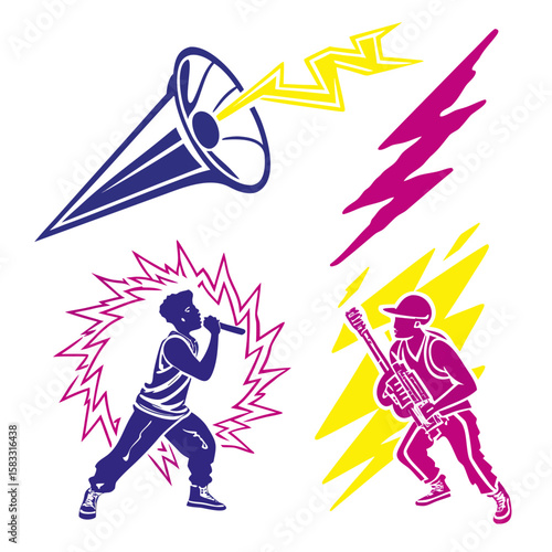 Energetic musicians performing with vibrant lightning bolts