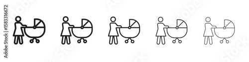 Woman with Baby Stroller icon vector Art line Illustrations collection