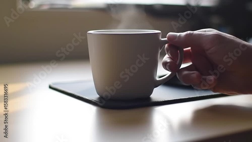 Hand holds steaming mug