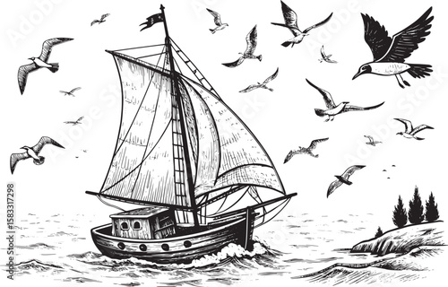  "Rustic Sailing Boat with Seagulls – Nautical Vintage Look"
