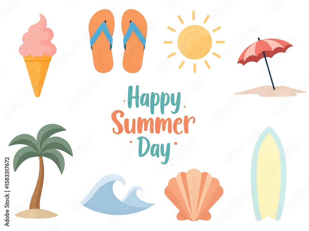 Fototapeta premium Collection of summer-themed illustrations including ice cream, beach, and sun.