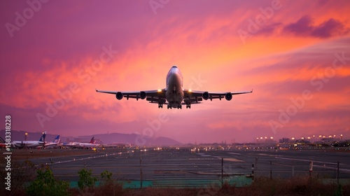 Large commercial wide-body jet (Boeing 747-like) taking off from runway at airport during colorful sunset, other planes in background, aviation and travel scene.