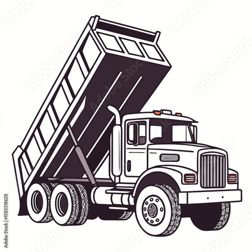 Heavy duty dump truck with raised bed and large wheels construction hauling