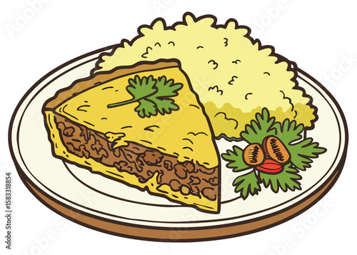 South African Bobotie with Yellow Rice in Flat Illustration
