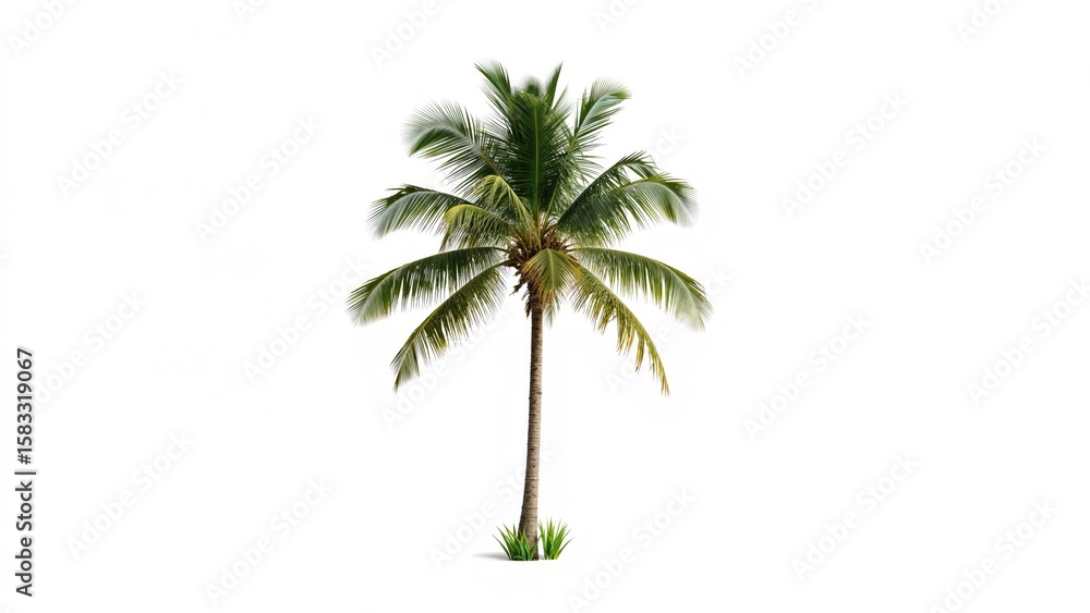 Fototapeta premium Lone coconut palm set on a clean white surface