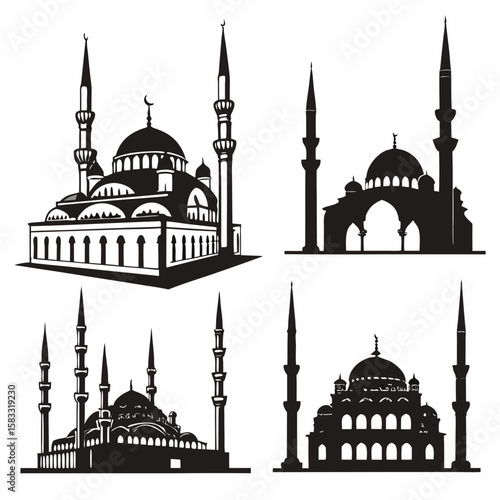 Islamic mosque architecture silhouettes with domes and minarets vector