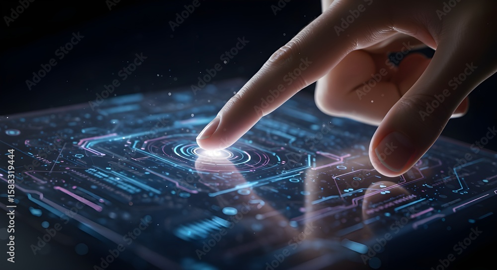Fototapeta premium Futuristic finger touch on glowing digital interface. Technology, innovation, and human-machine interaction in a modern high-tech environment.