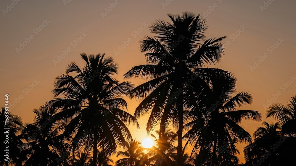 Obraz premium Tropical sunset with dark outlines of coconut palms.