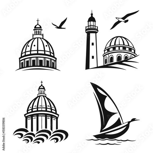 Lighthouse dome and sailboat icons with flying birds building architecture