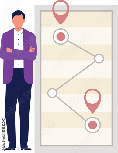 A boy with tied hands is standing near the map locations.