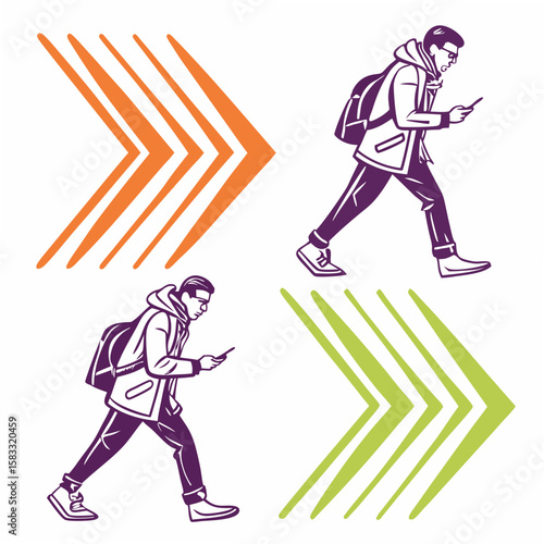 Man with backpack using phone near directional arrows walking