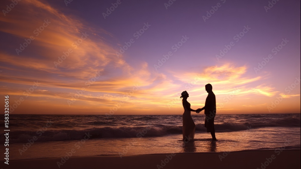 Fototapeta premium A romantic scene of a couple holding hands on a beach at sunset, with the ocean and colorful sky in the background