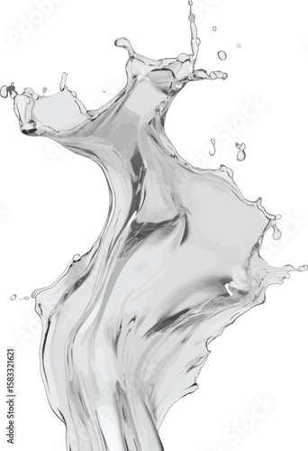 Dynamic water splash illustration in shades of gray against white background liquid fluid