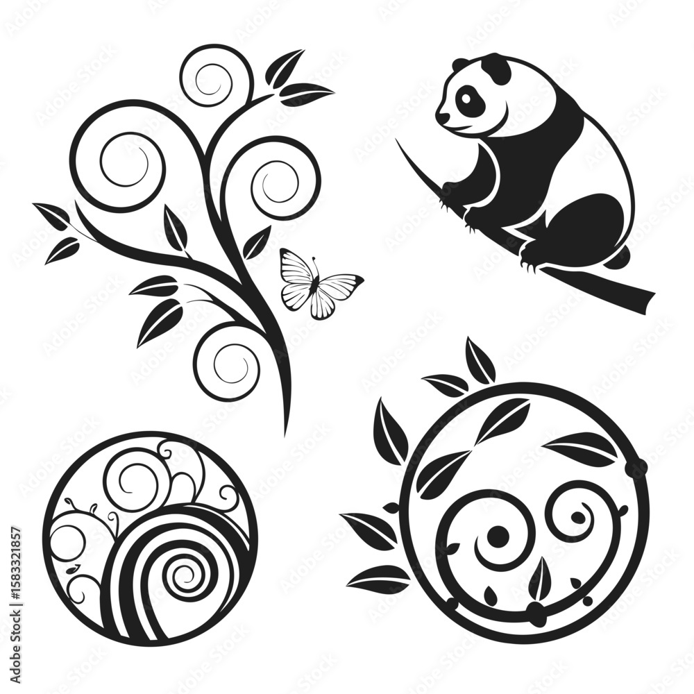 Fototapeta premium Panda butterfly floral swirls and circular ornaments vector
