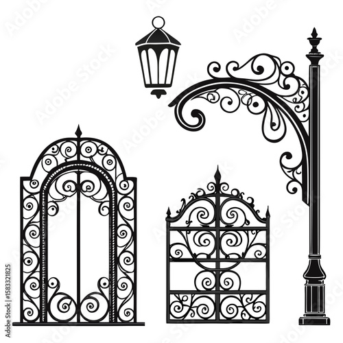 Ornate black wrought iron gates and lamppost decorative