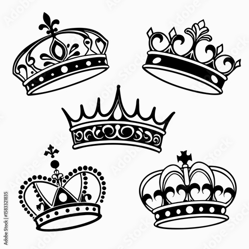 Ornate royal crowns with intricate scrollwork and gem cutouts monarchy regal