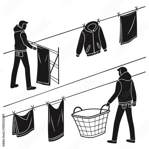 People hanging clothes on clotheslines with basket laundry drying clothes