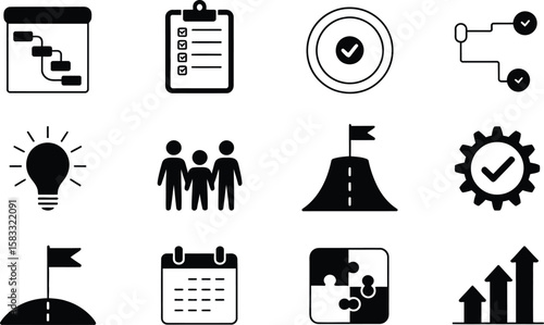 Black and White Project Management Icons on White Background