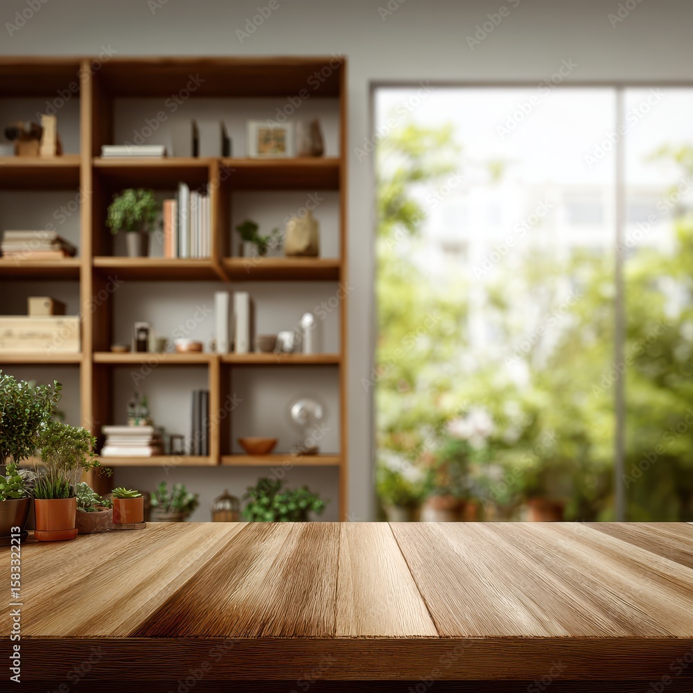 Fototapeta premium Wooden table in front of bookcase with garden view