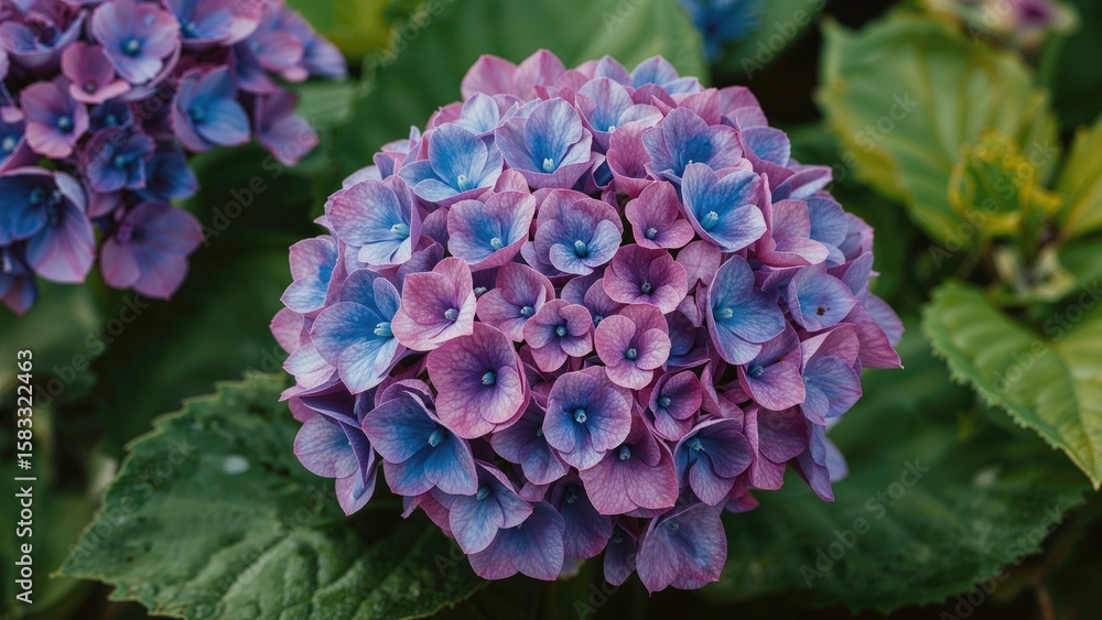 Obraz premium Intimate perspective of radiant blue and pink hydrangea florets in full bloom, surrounded by fresh green leaves, presenting a bright and vivid environment.