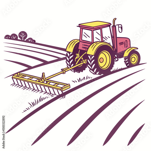 Red and yellow tractor tilling a field with a harrow farming agriculture
