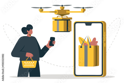 Drone Delivery Revolution Mobile Shopping Fast Shipping Modern Tech Online Retail Contactless Yellow Theme and