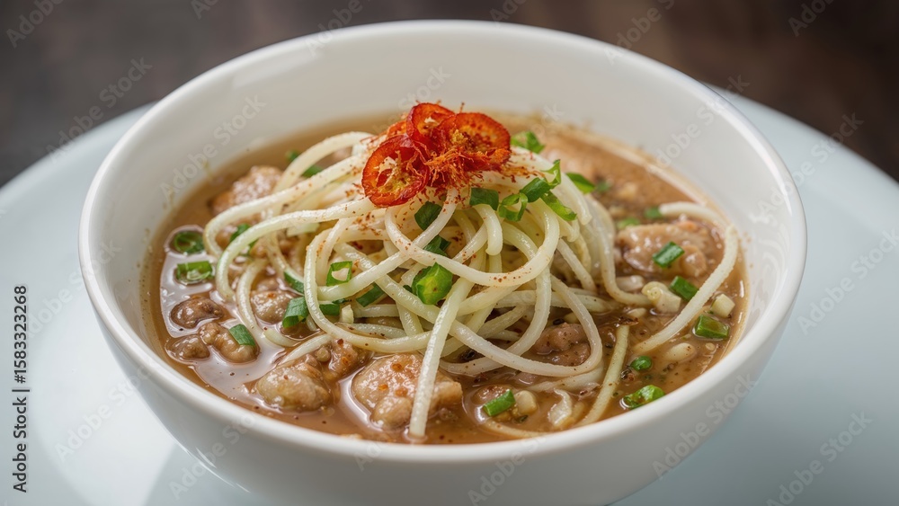 Zoomed-in photo of a white bowl containing spicy soup with bean sprouts and chili flakes Zoomed-in photo of a white bowl containing spicy soup with bean sprouts and chili flakes