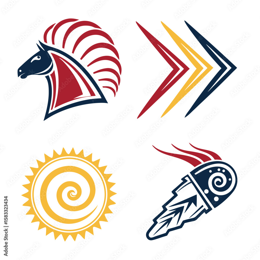 Fototapeta premium Horse sun arrows and feather symbols vector