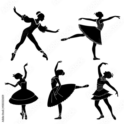 Six black ballet dancer silhouettes in various poses dancers