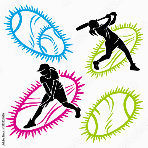 Softball players swinging bats with colorful abstract shapes baseball sport