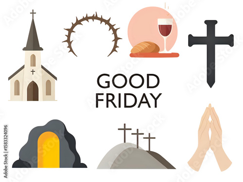 Illustrative depiction of Good Friday symbols including church, cross, and bread.