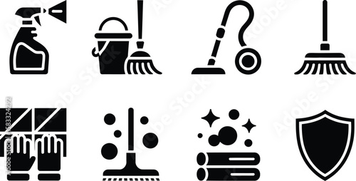 Black Cleaning Icons Spray Bottle Bucket Broom Vacuum Mop Gloves Towels Shield