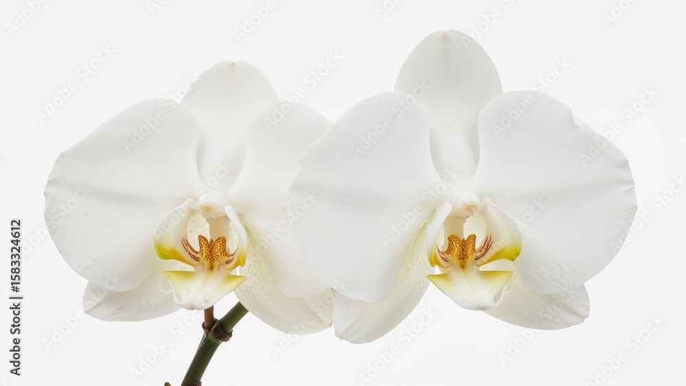 Obraz premium Macro shot of a pair of pristine white orchids in full bloom with a plain background
