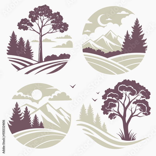 Stylized nature landscapes with trees mountains and moon vector