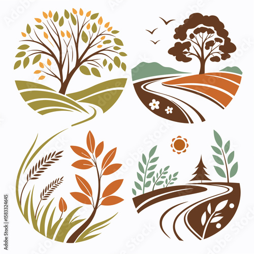 Stylized nature scenes with trees and foliage landscape seasons