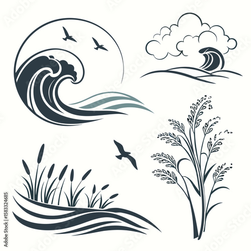 Stylized ocean waves and coastal plants with birds reeds cattails