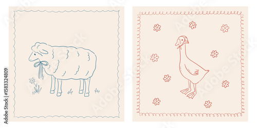 Cute vector prints with sheep wearing bow and goose in headscarf. Whimsical posters with farm animals. Line art cottagecore frames. Rural drawings for nursery, kids design
