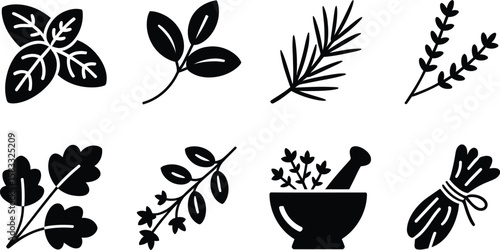 Black and White Herb Illustrations Basil Rosemary Thyme Parsley Bundle and Mortar