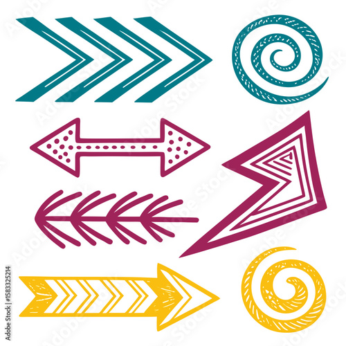 Teal magenta yellow arrows and spirals hand drawn icons direction symbol