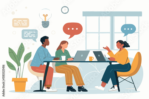 Three people collaborating in a modern office setting. They are sharing ideas, strategizing, and discussing project goals with laptops and conversational bubbles overhead.