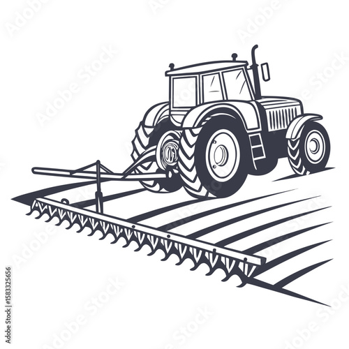 Tractor cultivating field with agricultural implement farming agriculture