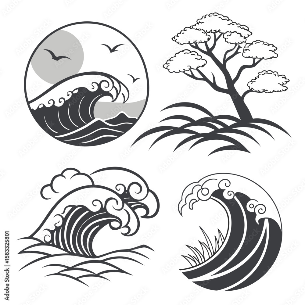Fototapeta premium Ocean waves and bonsai tree water nature