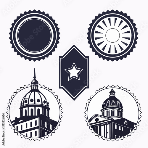 Vintage badge frames with architectural building silhouettes retro