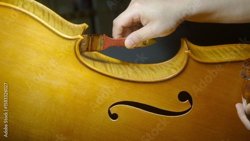 Fotografie Skilled luthier carefully applying dark varnish to wooden cello body, using trad