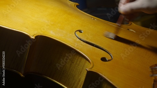 Obraz na plátně Skilled luthier carefully applying varnish to wooden cello surface, highlighting